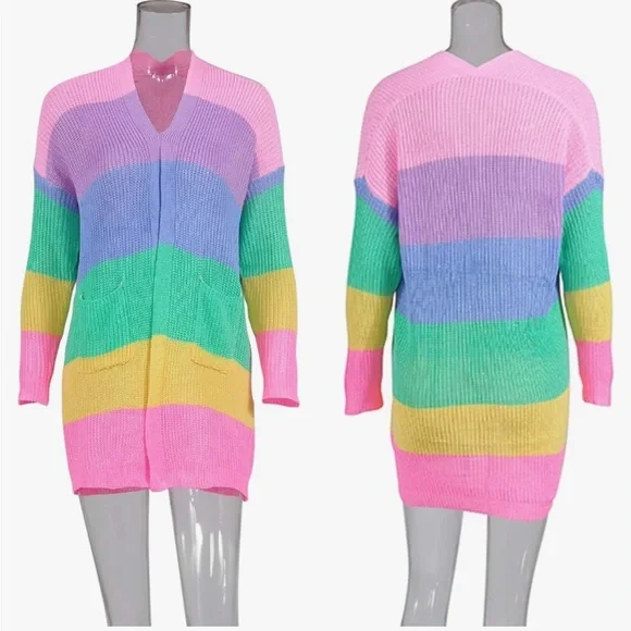 ECOWISH Rainbow 🌈 Block Striped Draped Open Front Cardigan L NWT - Picture 5 of 16
